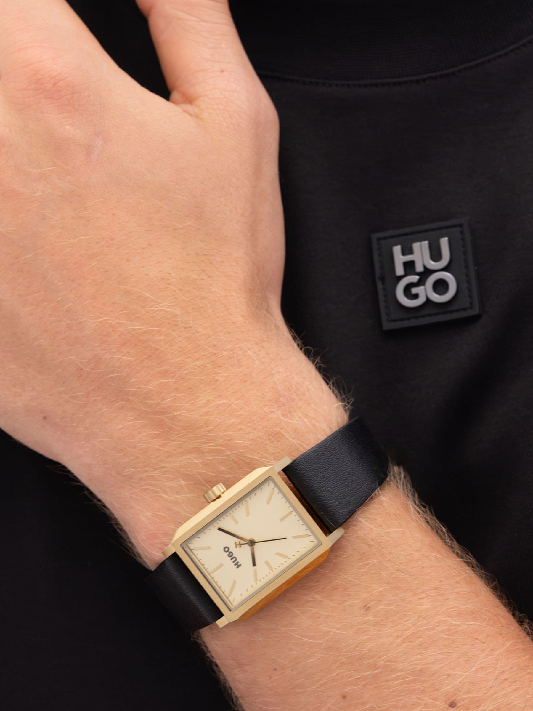 HUGO Mens #Steeze Rectangle Gold Dial Leather Strap Watch 1530481 - Image 4