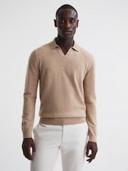 Reiss Camel Swifts Merino Wool Open Collar Top - Image 1 of 5