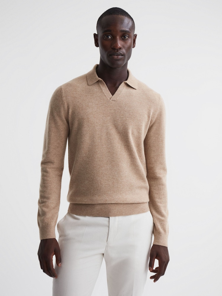 Reiss Camel Swifts Merino Wool Open Collar Top - Image 1 of 5