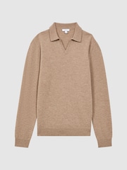 Reiss Camel Swifts Merino Wool Open Collar Top - Image 2 of 5