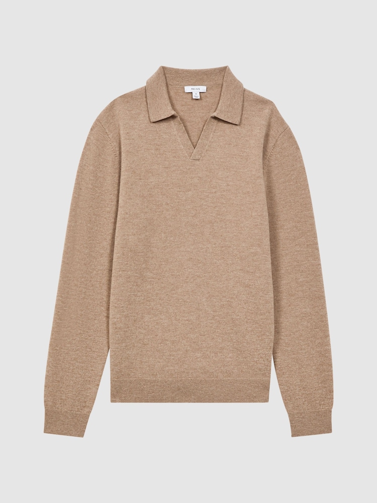 Reiss Camel Swifts Merino Wool Open Collar Top - Image 2 of 5