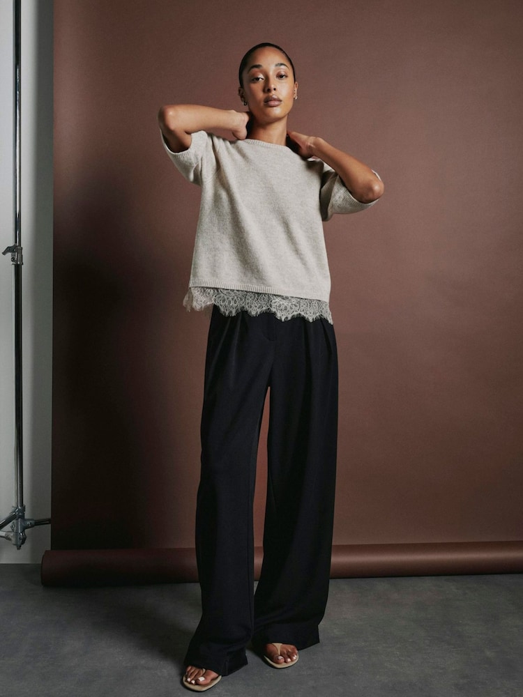 ONLY Natural Short Sleeve Knit Jumper With Lace Hem - Image 1 of 6 ONLY Natural Short Sleeve Knit Jumper With Lace Hem - Image 1 of 6