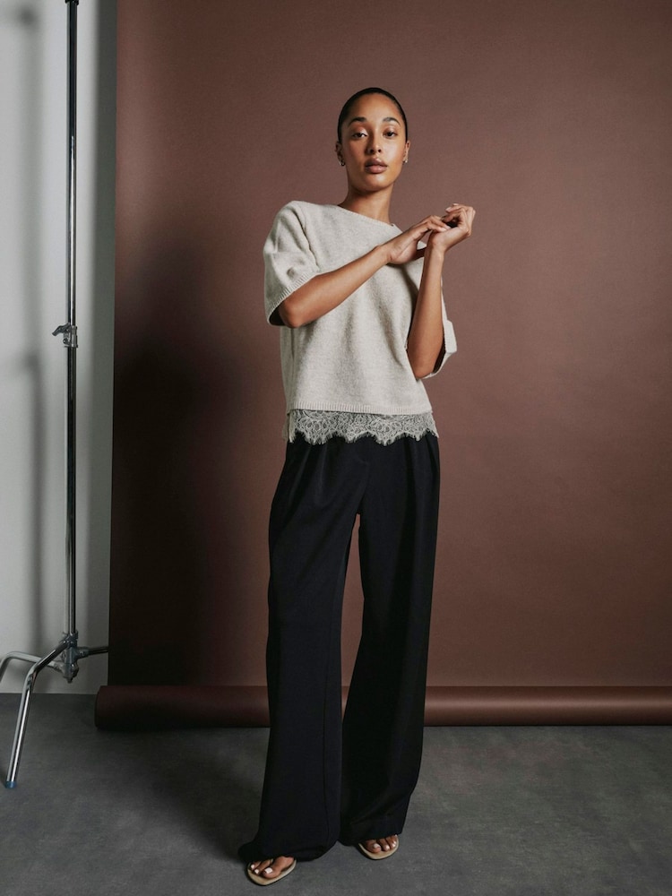 ONLY Natural Short Sleeve Knit Jumper With Lace Hem - Image 2 of 6 ONLY Natural Short Sleeve Knit Jumper With Lace Hem - Image 2 of 6