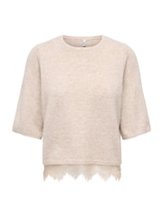 ONLY Natural Short Sleeve Knit Jumper With Lace Hem - Image 4 of 6