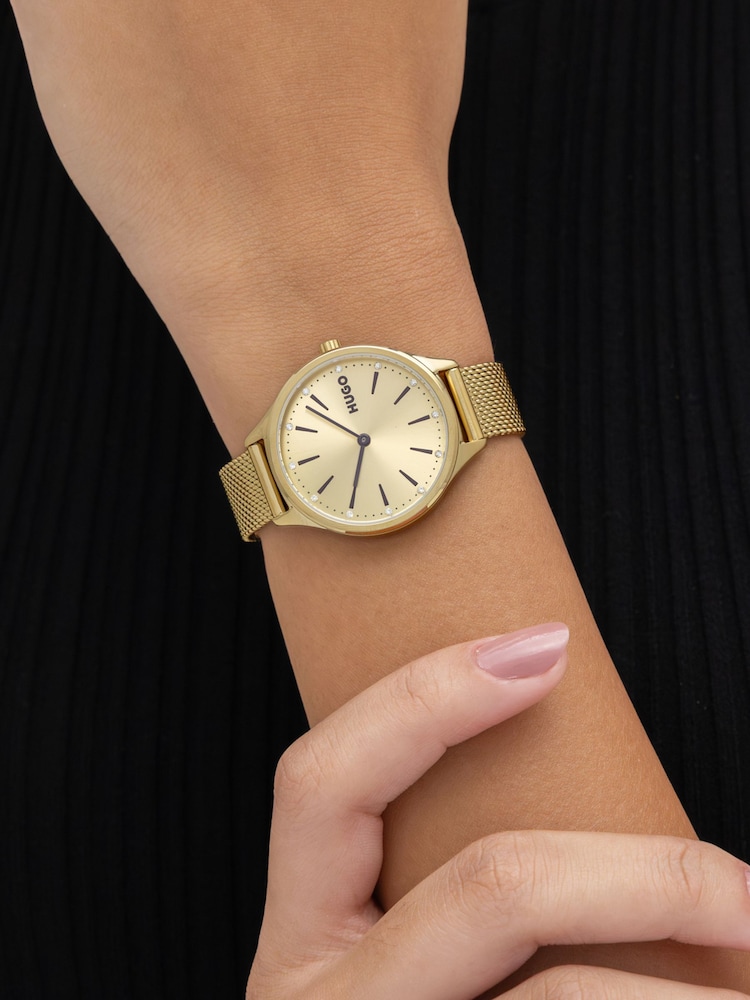 HUGO Gold Glossy Light Yellow PVD Mesh Bracelet Watch - Image 1 of 5
