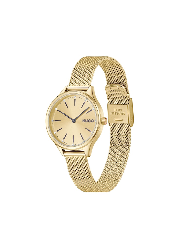 HUGO Gold Glossy Light Yellow PVD Mesh Bracelet Watch - Image 5 of 5