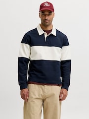 JACK & JONES Blue Relaxed Fit Colour Block Rugby Polo Shirt - Image 1 of 7