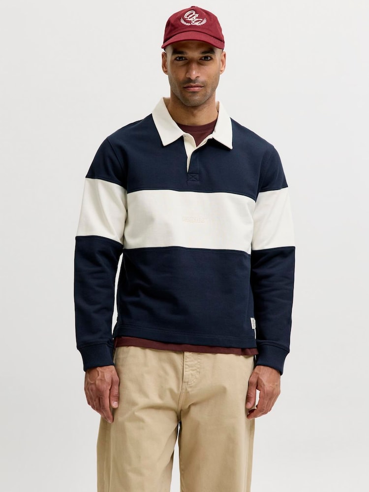 JACK & JONES Blue Relaxed Fit Colour Block Rugby Polo Shirt - Image 1 of 7 JACK & JONES Blue Relaxed Fit Colour Block Rugby Polo Shirt - Image 1 of 7