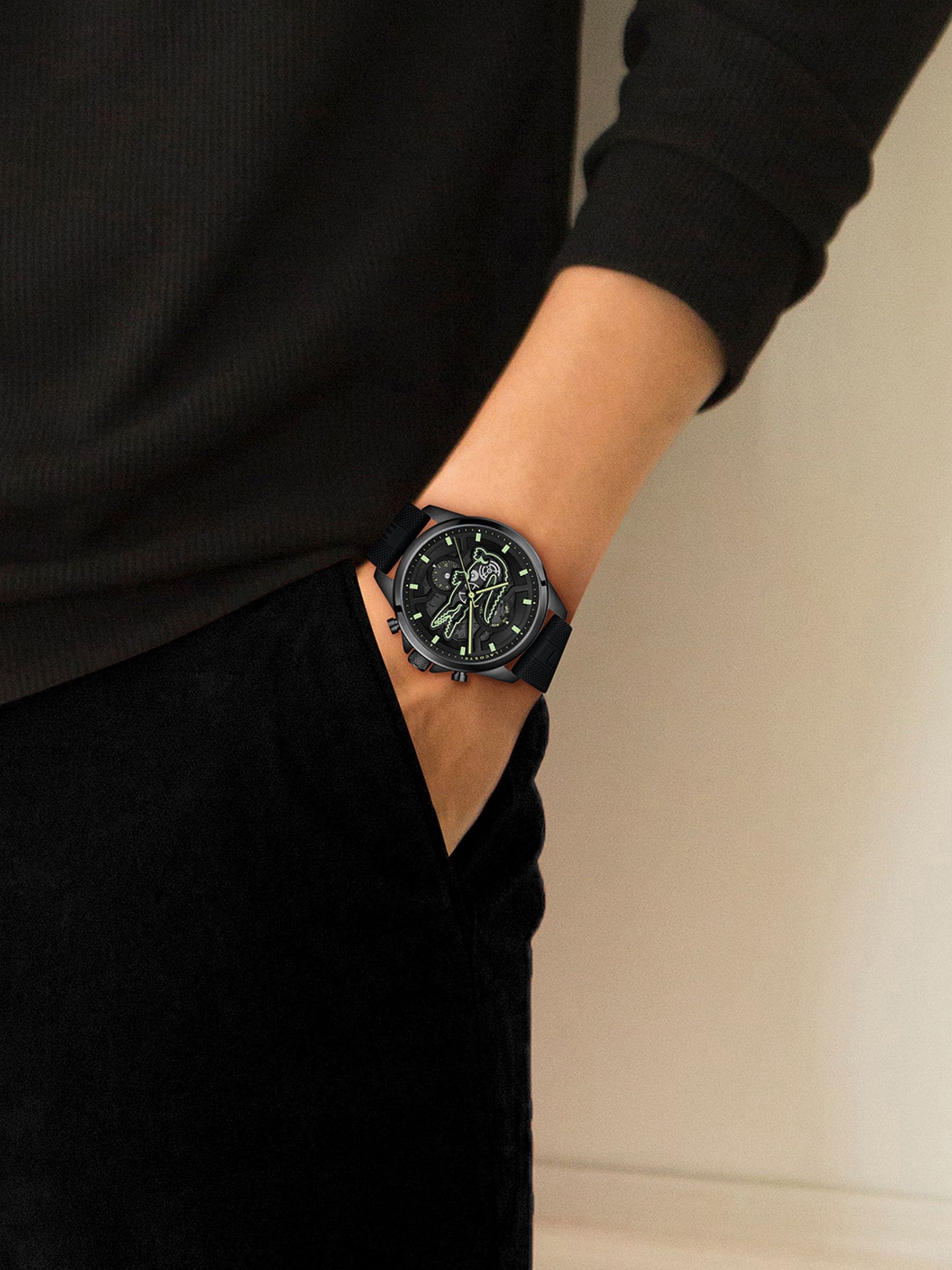 Lacoste Men's Black Arthor Skeleton Dial And Silicone Strap Multifunction Watch