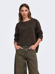 ONLY Brown Round Neck High Low Hem Loose Fit Jumper - Image 1 of 6