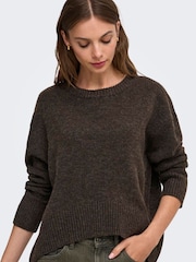 ONLY Brown Round Neck High Low Hem Loose Fit Jumper - Image 3 of 6