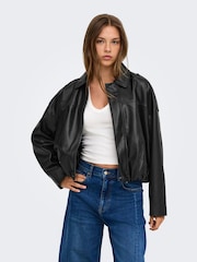ONLY Black Faux Leather Bomber Jacket - Image 1 of 8