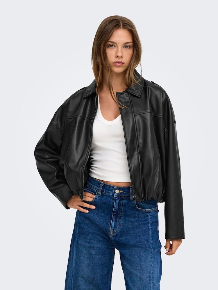 ONLY Black Faux Leather Bomber Jacket - Image 1 of 8