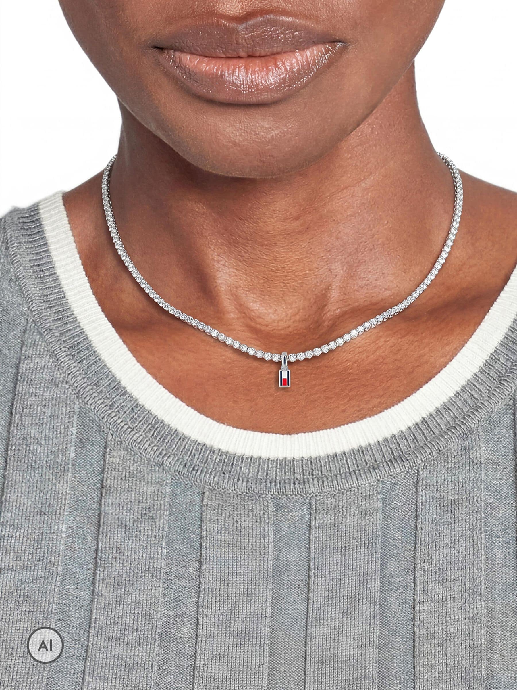 Tommy Hilfiger Stainless Steel Cubic Zirconia Logo Charm Tennis Necklace 2781094 - Image 4