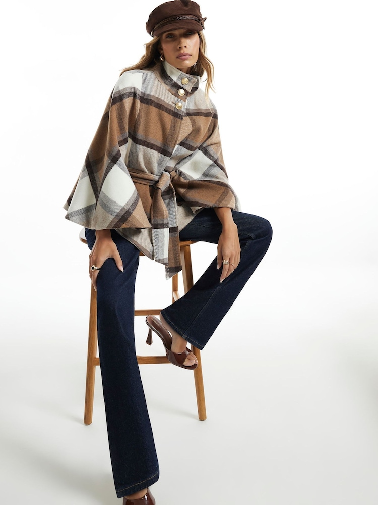 River Island Cream Check Funnel Neck Belted Cape Coat - Image 1 of 4 River Island Cream Check Funnel Neck Belted Cape Coat - Image 1 of 4