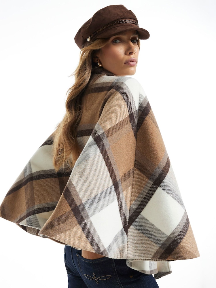 River Island Cream Check Funnel Neck Belted Cape Coat - Image 4 of 4 River Island Cream Check Funnel Neck Belted Cape Coat - Image 4 of 4