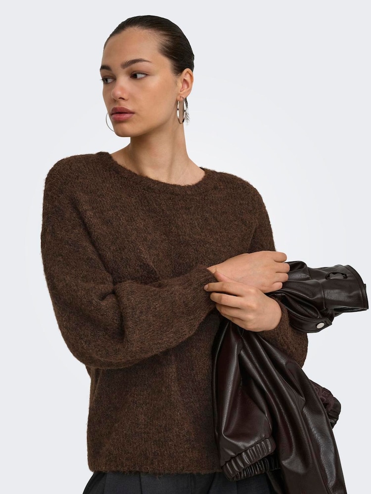 ONLY Brown Long Sleeve Crew Neck Cosy Jumper - Image 1 of 6 ONLY Brown Long Sleeve Crew Neck Cosy Jumper - Image 1 of 6