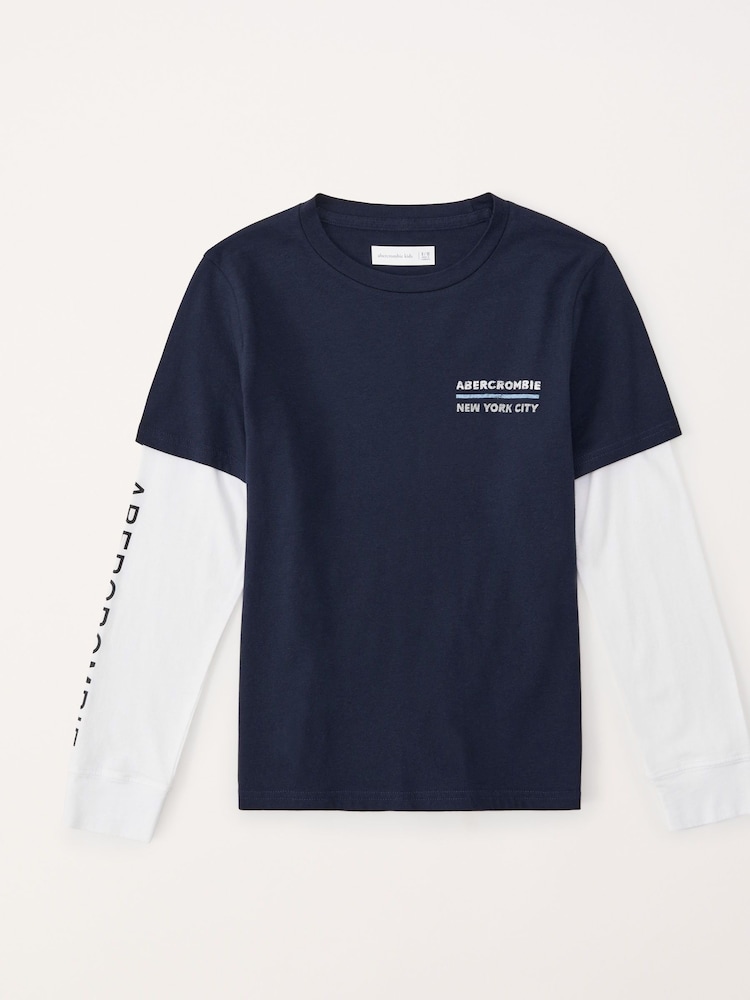Blau - Abercrombie & Fitch Mehrlagiges Langarmtop mit Grafik - Bild 1 von 2