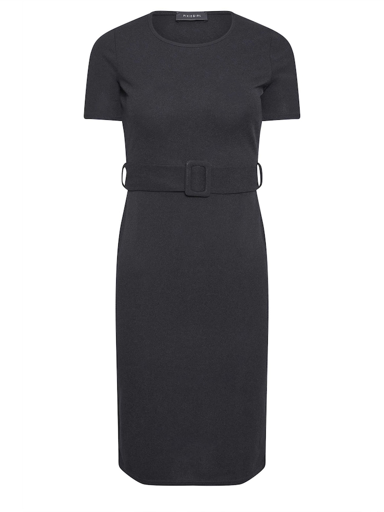 PixieGirl Petite Black Buckle Belted Scuba Midi Dress - Image 5 of 5