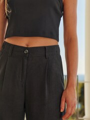 Black Linen Blend Wide Leg Trousers - Image 4 of 6