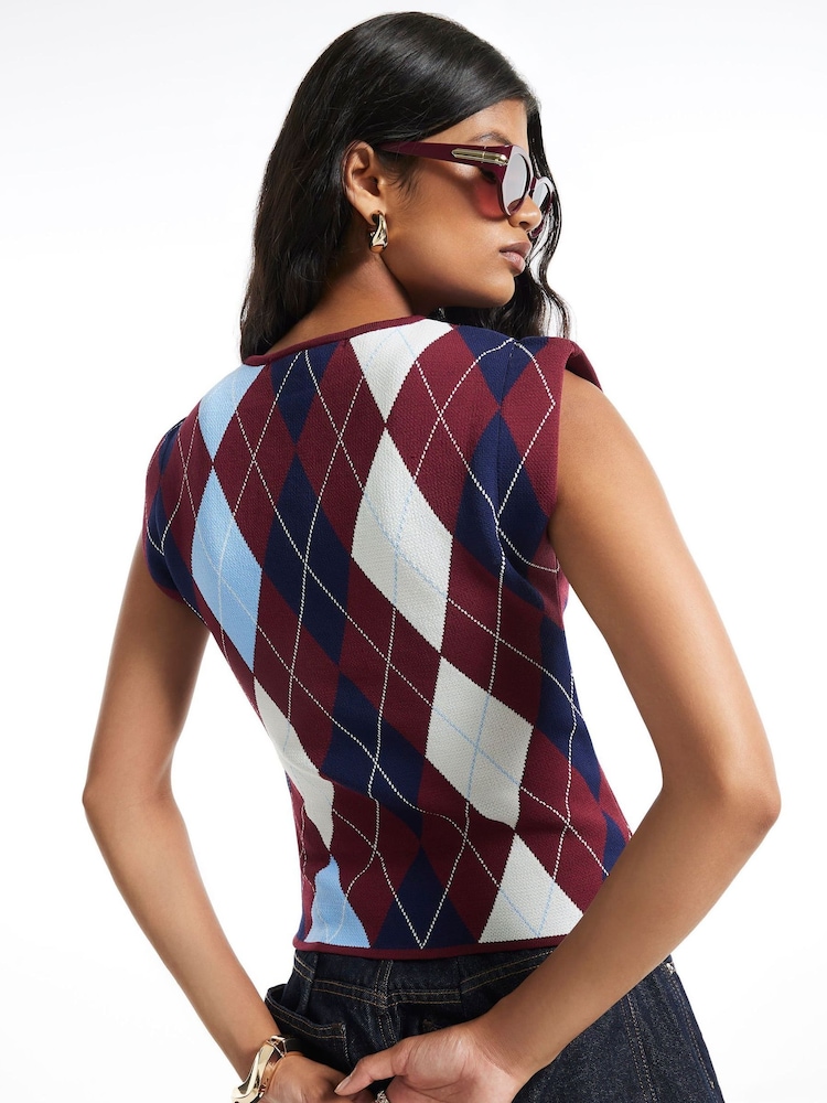 River Island Red Argyle Knit Tank Top - Image 4 of 4 River Island Red Argyle Knit Tank Top - Image 4 of 4