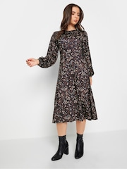 PixieGirl Petite Black Ditsy Long Sleeve Midi Dress - Image 2 of 4
