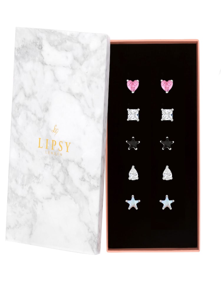 Lipsy Jewellery Silver Tone Cubic Zirconia Grunge Romance Stud Earrings - Pack of 5 - Image 1 of 2