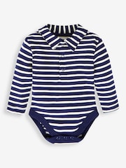 JoJo Maman Bébé Navy Ecru Breton Stripe Plain Long Sleeve Polo Shirt Bodysuit - Image 1 of 2