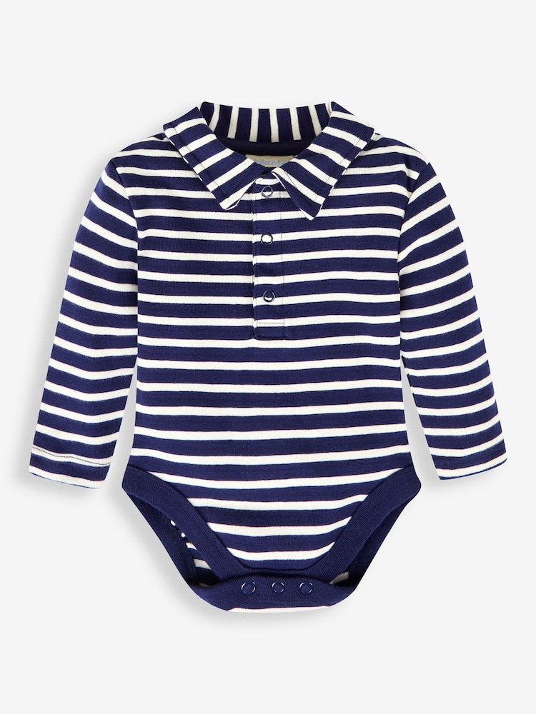 JoJo Maman Bébé Navy Ecru Breton Stripe Plain Long Sleeve Polo Shirt Bodysuit - Image 1 of 2