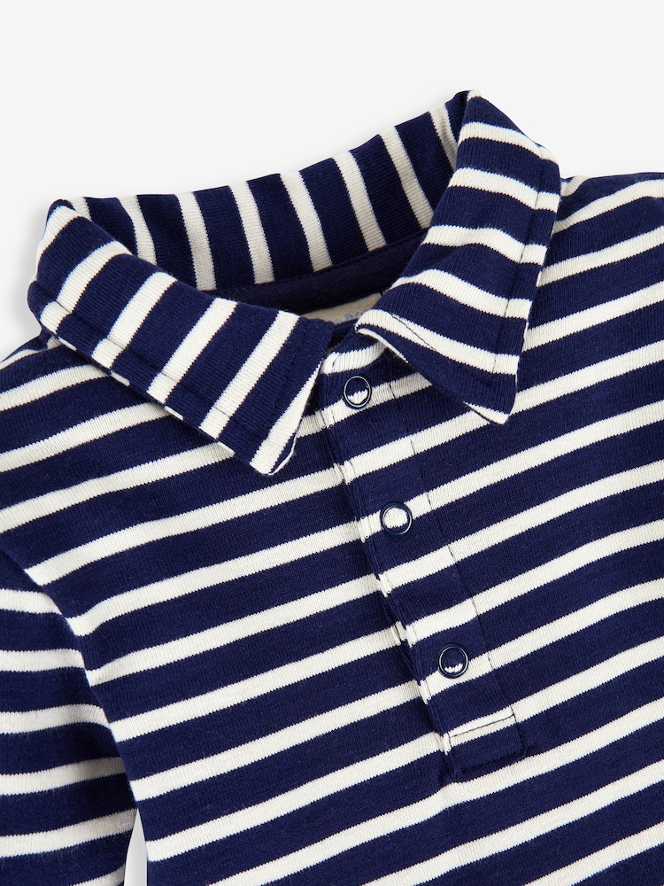 JoJo Maman Bébé Navy Ecru Breton Stripe Plain Long Sleeve Polo Shirt Bodysuit - Image 2 of 2