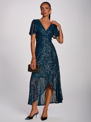 Jolie Moi Blue Sequin Angel Sleeve Flare Hem Maxi Dress - Image 1 of 6