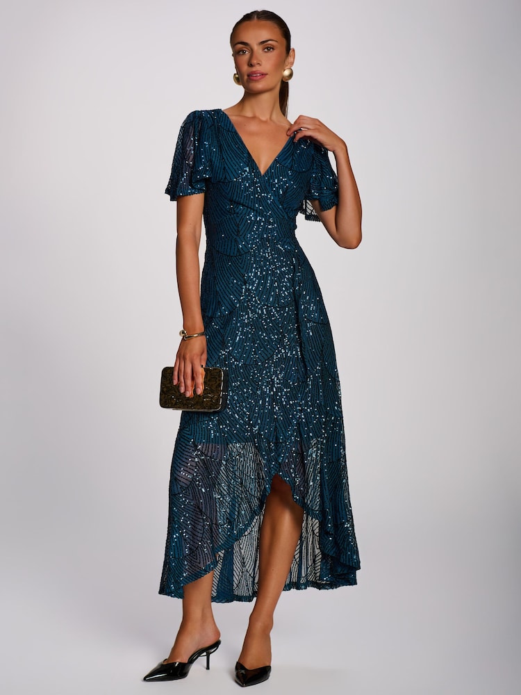 Jolie Moi Blue Sequin Angel Sleeve Flare Hem Maxi Dress - Image 1 of 6 Jolie Moi Blue Sequin Angel Sleeve Flare Hem Maxi Dress - Image 1 of 6