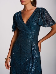 Jolie Moi Blue Sequin Angel Sleeve Flare Hem Maxi Dress - Image 3 of 6