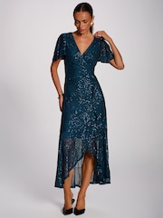 Jolie Moi Blue Sequin Angel Sleeve Flare Hem Maxi Dress - Image 4 of 6