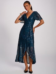 Jolie Moi Blue Sequin Angel Sleeve Flare Hem Maxi Dress - Image 5 of 6