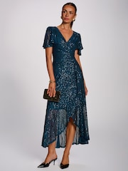 Jolie Moi Blue Sequin Angel Sleeve Flare Hem Maxi Dress - Image 6 of 6