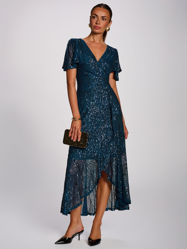 Jolie Moi Blue Sequin Angel Sleeve Flare Hem Maxi Dress - Image 6 of 6 Jolie Moi Blue Sequin Angel Sleeve Flare Hem Maxi Dress - Image 6 of 6