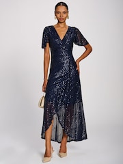 Jolie Moi Blue Sequin Angel Sleeve Flare Hem Maxi Dress - Image 1 of 6