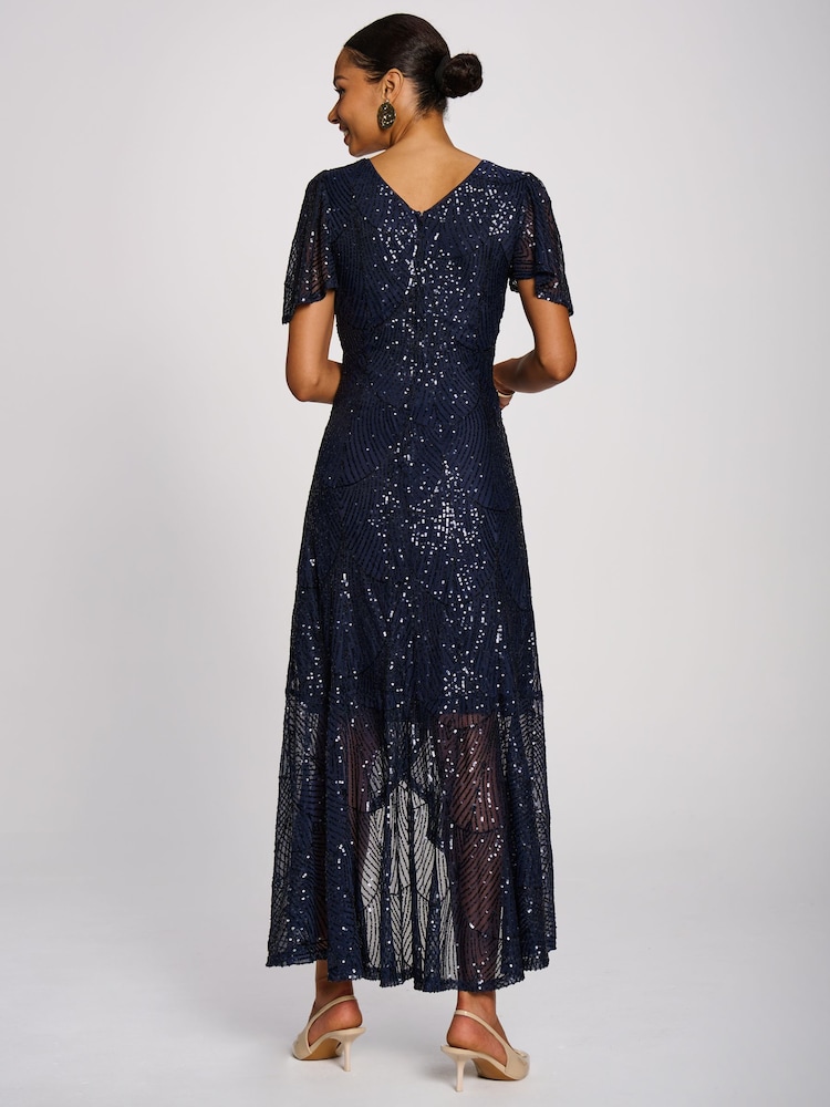 Jolie Moi Blue Sequin Angel Sleeve Flare Hem Maxi Dress - Image 2 of 6 Jolie Moi Blue Sequin Angel Sleeve Flare Hem Maxi Dress - Image 2 of 6