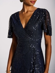 Jolie Moi Blue Sequin Angel Sleeve Flare Hem Maxi Dress - Image 3 of 6