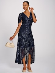 Jolie Moi Blue Sequin Angel Sleeve Flare Hem Maxi Dress - Image 4 of 6