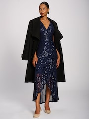 Jolie Moi Blue Sequin Angel Sleeve Flare Hem Maxi Dress - Image 5 of 6