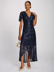 Jolie Moi Blue Sequin Angel Sleeve Flare Hem Maxi Dress - Image 6 of 6