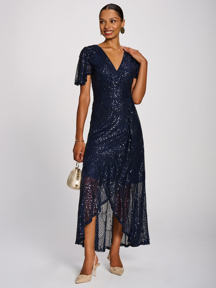 Jolie Moi Blue Sequin Angel Sleeve Flare Hem Maxi Dress - Image 6 of 6 Jolie Moi Blue Sequin Angel Sleeve Flare Hem Maxi Dress - Image 6 of 6