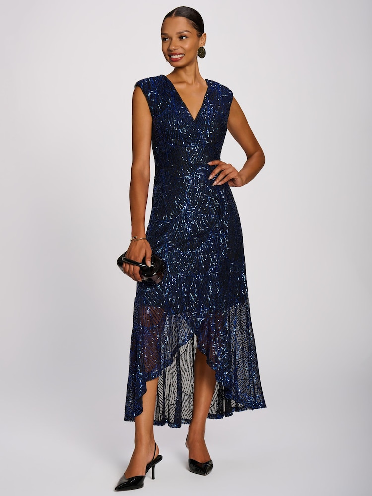 Jolie Moi Blue Sequin V-Neck Maxi Dress - Image 1 of 6 Jolie Moi Blue Sequin V-Neck Maxi Dress - Image 1 of 6