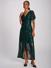 Jolie Moi Green Sequin Angel Sleeve Flare Hem Maxi Dress - Image 1 of 6