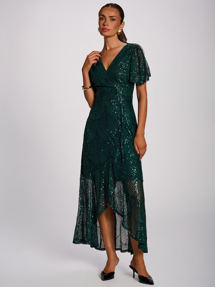 Jolie Moi Green Sequin Angel Sleeve Flare Hem Maxi Dress - Image 1 of 6 Jolie Moi Green Sequin Angel Sleeve Flare Hem Maxi Dress - Image 1 of 6