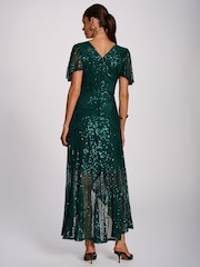 Jolie Moi Green Sequin Angel Sleeve Flare Hem Maxi Dress - Image 2 of 6