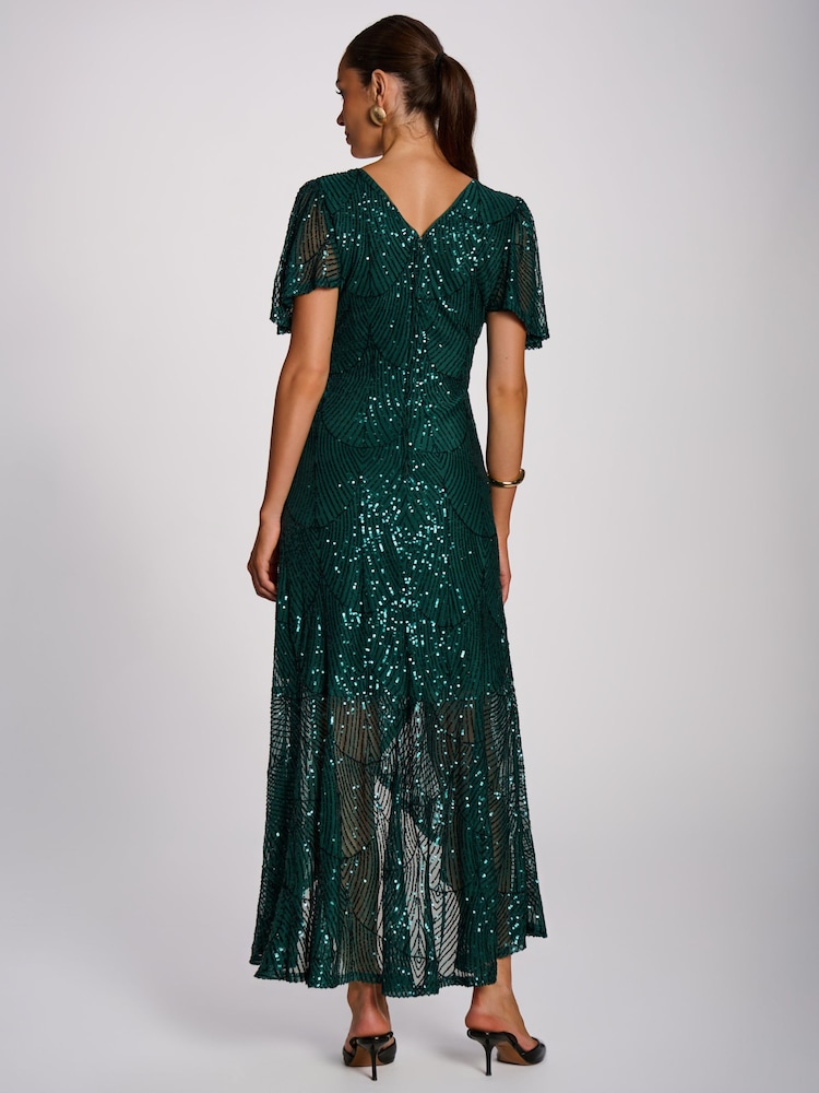 Jolie Moi Green Sequin Angel Sleeve Flare Hem Maxi Dress - Image 2 of 6 Jolie Moi Green Sequin Angel Sleeve Flare Hem Maxi Dress - Image 2 of 6