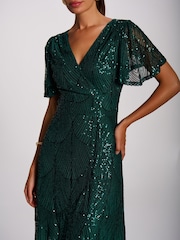 Jolie Moi Green Sequin Angel Sleeve Flare Hem Maxi Dress - Image 3 of 6